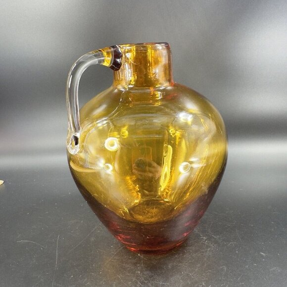 Vintage Hand Blown Amber Glass Jug Decanter Vase With Clear Applied Handle Glass - Picture 16 of 16